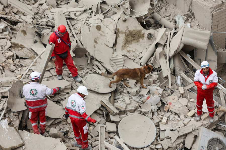 Emergency personnel and a dog at the site of a strike on a residential building, amid the US-Israeli conflict with Iran, in Tehran, Iran, March 16, 2026.