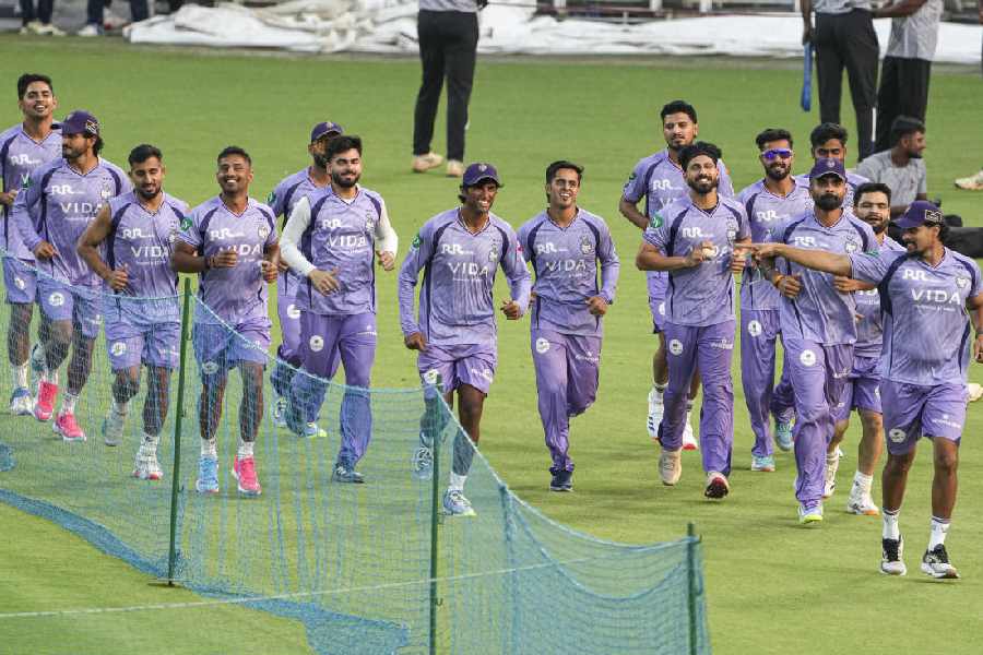 Kolkata Knight Riders players during a training session at Eden Gardens ahead of IPL 2026, in Kolkata, Wednesday, March 18, 2026.