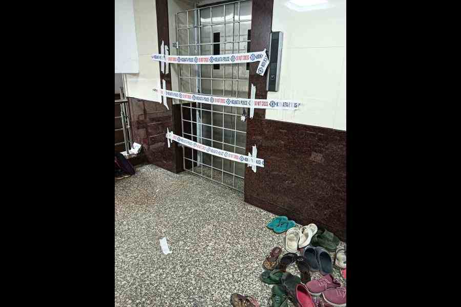 The locked grille gate outside the lift at the basement level of the trauma building at RG Kar hospital on Friday