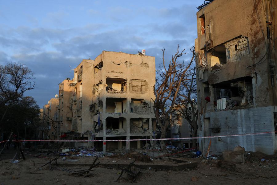 Damaged buildings after Iranian missile barrages struck an area in Arad, amid the U.S.-Israel conflict with Iran, in southern Israel