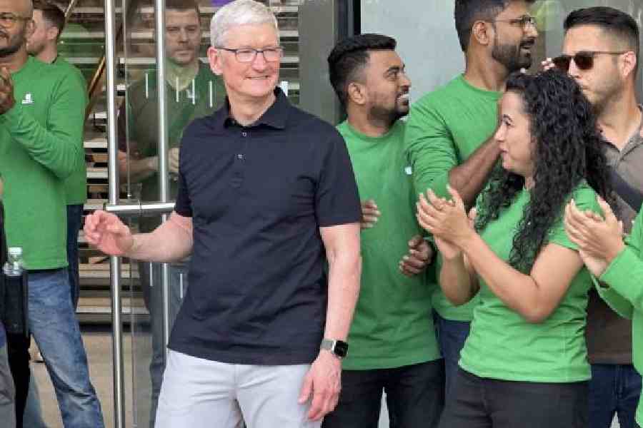 Apple CEO Tim Cook at the opening of Apple BKC store in Mumbai in 2023. Picture: The Telegraph / Mathures Paul