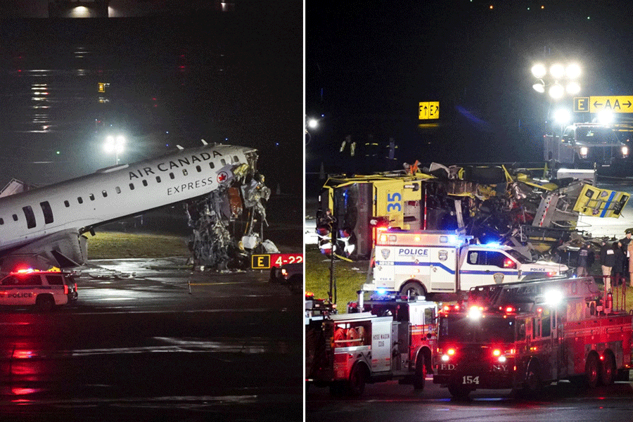 A police vehicle next to an Air Canada Express jet that had collided with a ground vehicle at New York's La Guardia Airport in Queens, New York, U.S. March 23, 2026.