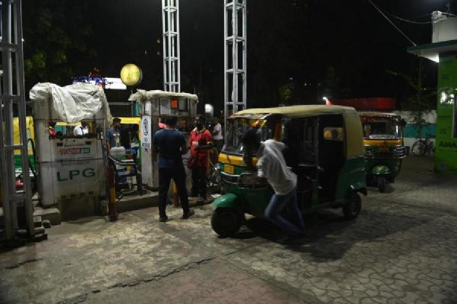 Autos at a refilling station on Maniktala Main Road, near Bengal Chemical, on Friday