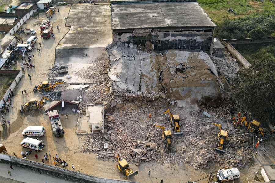 Rescue operation underway after a cold storage facility collapsed at Phaphamau area, in Prayagraj district, Uttar Pradesh, Monday, March 23, 2026. At least nine workers were injured in the collapse on Monday afternoon, triggering an ammonia gas leak, officials said.