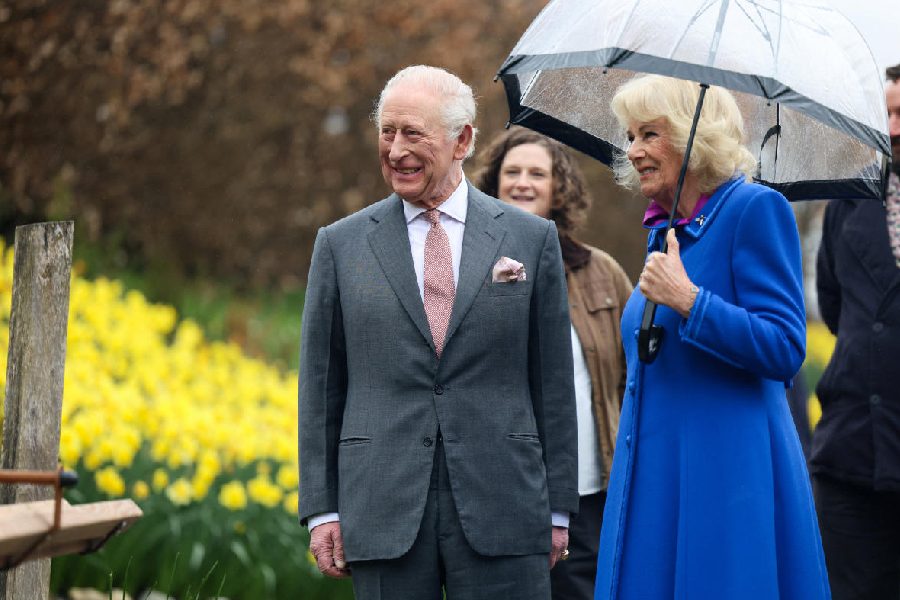 ritain\'s King Charles and Queen Camilla meet staff and gardeners at The Eden Project during an event celebrating its 25th anniversary.