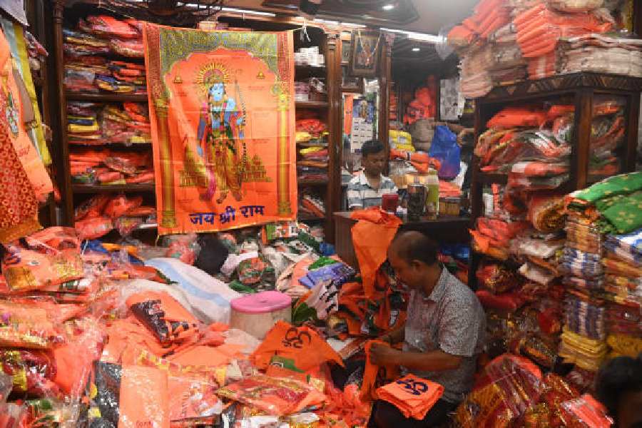 A Burrabazar store selling Ram Navami flags and other goods on Tuesday