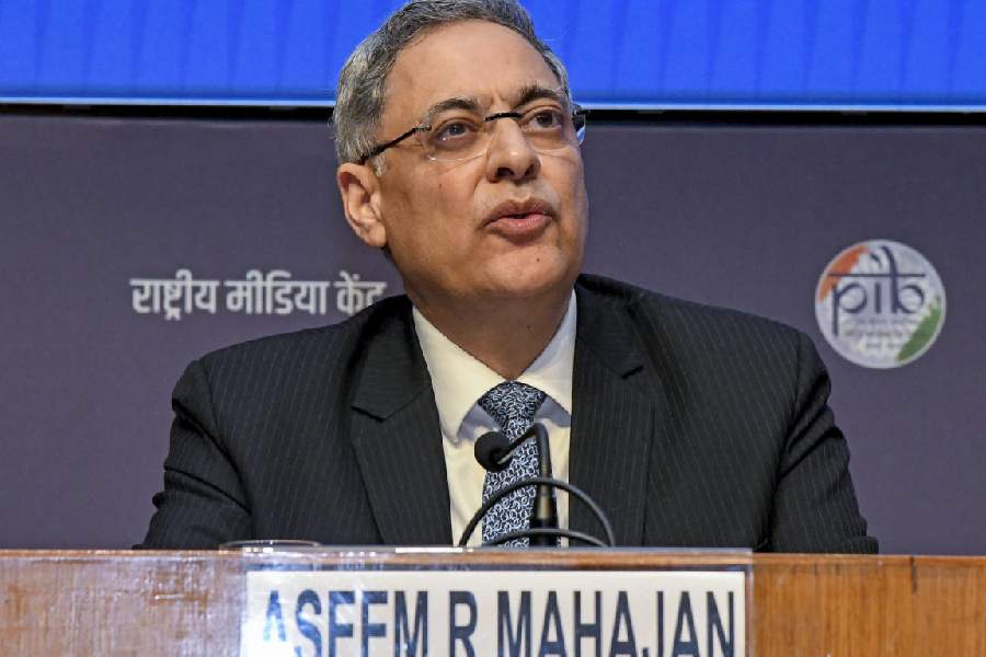 Additional Secretary in the Ministry of External Affairs Aseem Mahajan addresses the Inter-Ministerial Briefing on the ongoing crisis in West Asia, in New Delhi.