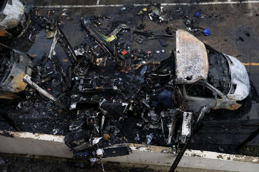 Burnt ambulances, among the four ambulances belonging to Hatzola, a Jewish community organisation, that were set on fire in an incident that the police say is being treated as an antisemitic hate crime, in northwest London, Britain.