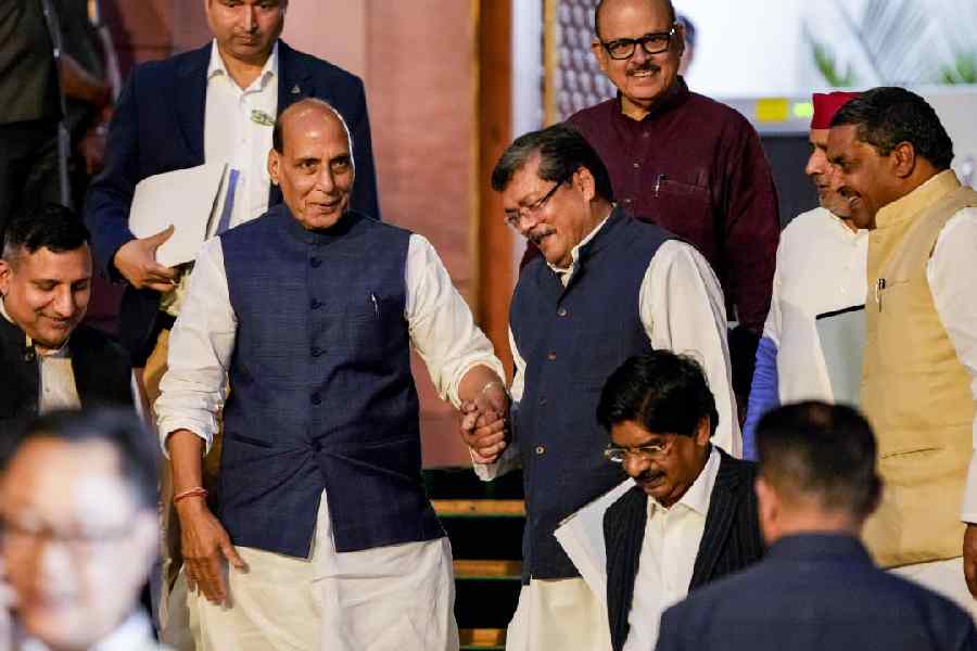 Rajnath Singh with other leaders after the all-party meeting in New Delhi on Wednesday. 