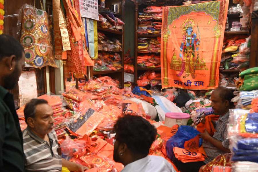 A store in Burrabazar selling flags and other items for Ram Navami.