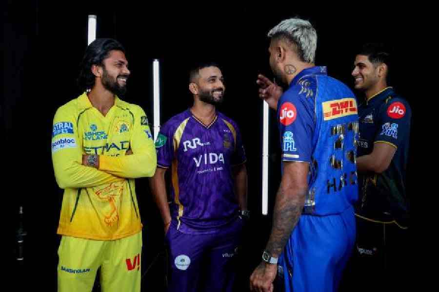 KKR captain Ajinkya Rahane with CSK’s Ruturaj Gaikwad, MI's Hardik Pandya and GT's Shubman Gill in Mumbai on Wednesday.