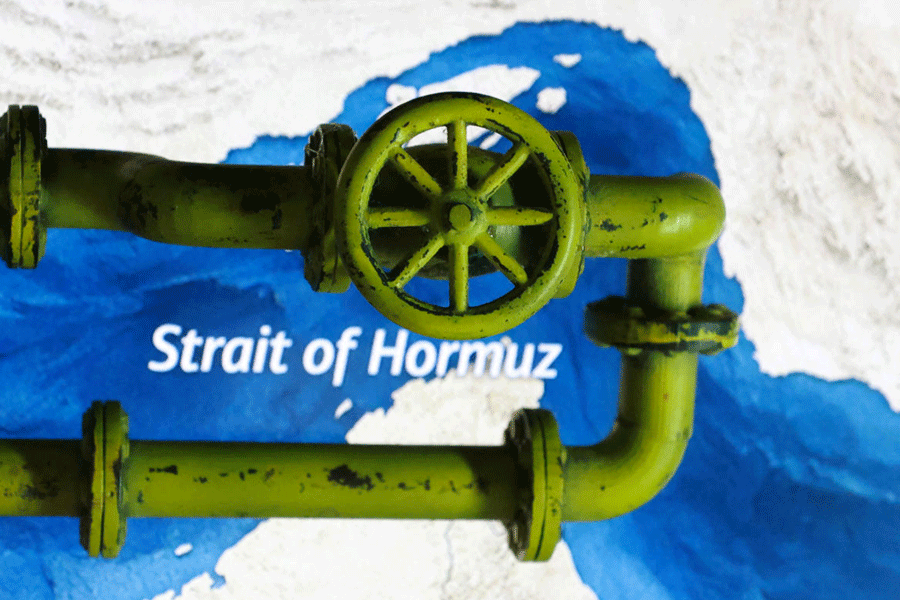 Illustration shows map showing the Strait of Hormuz and 3D printed oil pipeline