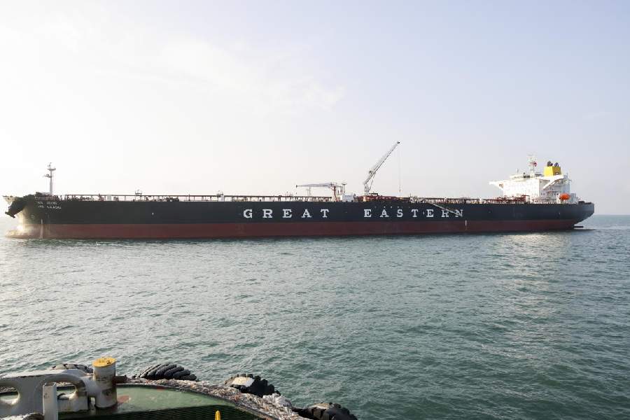Indian vessel 'Jag Laadki' carrying 80,800 metric tonnes of crude oil arrives at Mundra Port, in Kutch, Gujarat, Wednesday, March 18, 2026.