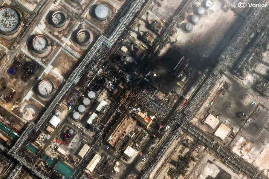 This satellite image provided by Vantor shows damage after a drone attack at Ras Tanura oil refinery, in Saudi Arabia, Monday, March 2, 2026.