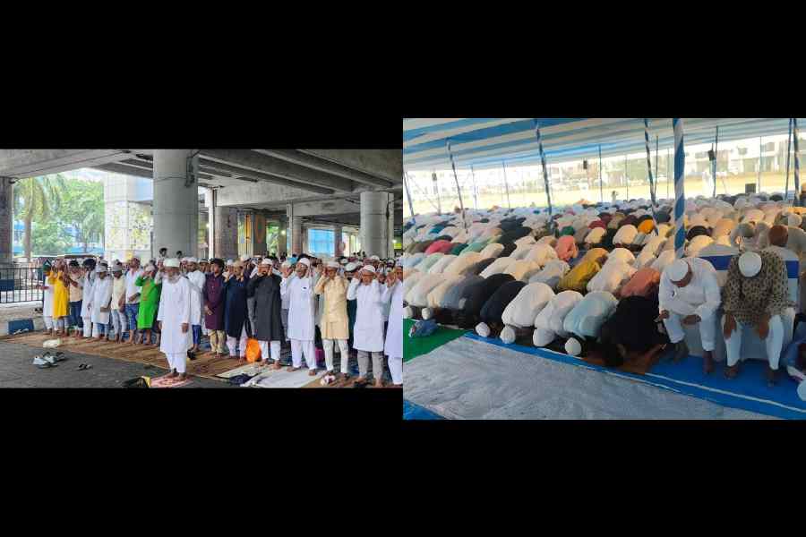 Devotees pray under the Metro viaduct in Salt Lake to escape the rain. (Brinda Sarkar); (Right) Namaz at DF Park in New Town.
