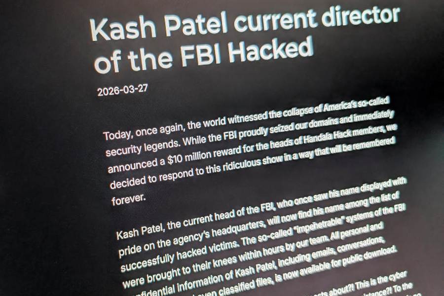 The website used by the Handala Hack Team, an Iran-linked hacker group which has claimed credit for the breach of FBI Director Kash Patel’s personal email, is shown on a screen in Washington D.C., U.S., March 27, 2026.
