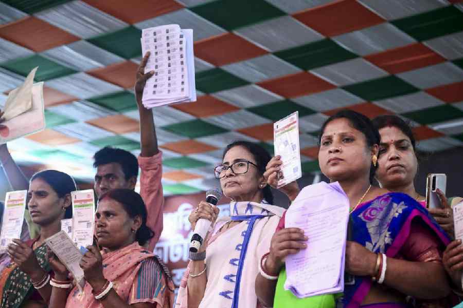 At her Calcutta sit-in earlier in March, chief minister Mamata Banerjee parades voters from her Bhabanipur constituency whose names have allegedly been deleted from the electoral rolls.