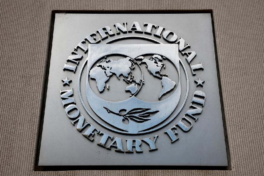 A view of the International Monetary Fund (IMF) logo at its headquarters in Washington, D.C.