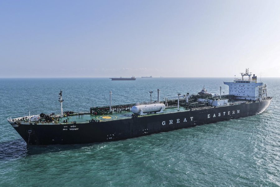 LPG vessel \'Jag Vasant\' carrying around 47,000 metric tonnes of liquefied petroleum gas arrives at a port after transiting the Strait of Hormuz amid West Asia tensions, in Vadinar, Gujarat.