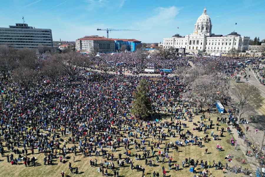 A drone view of demonstrators congregating at the Minnesota State Capitol during a "No Kings" protest against U.S. President Donald Trump's administration policies, in St. Paul, Minnesota, U.S., March 28, 2026.