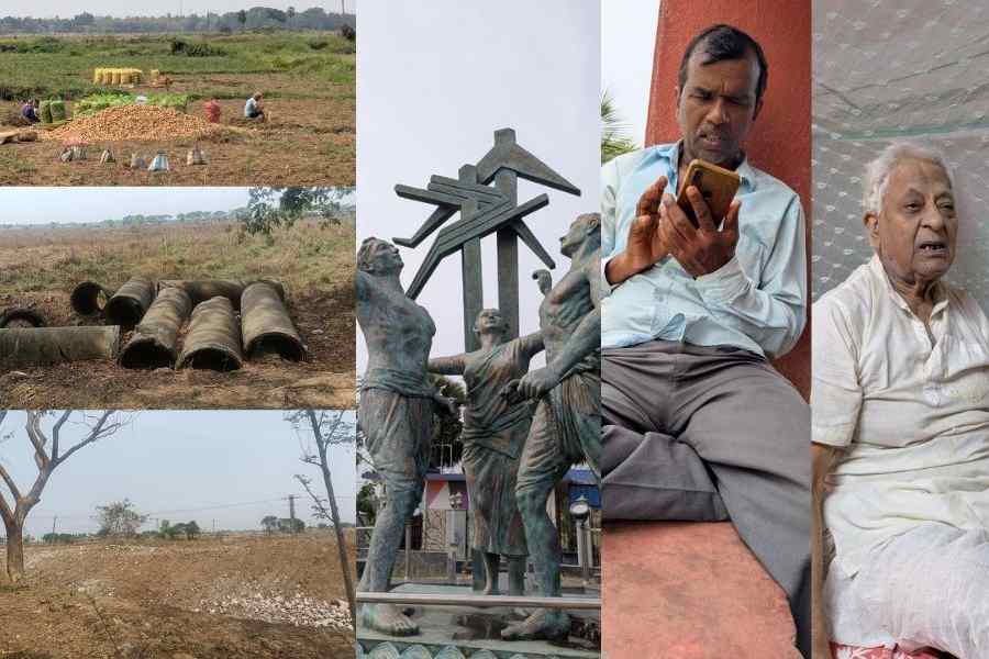 Land unscarred by the factory construction remains rich, seen here are farmers harvesting potatoes; ; four-time Singur MLA Rabindranath Bhattacharya; land where once the factory stood; farmer Mahadev Das; a memorial near Gopalnagar commemorates the peasant movement