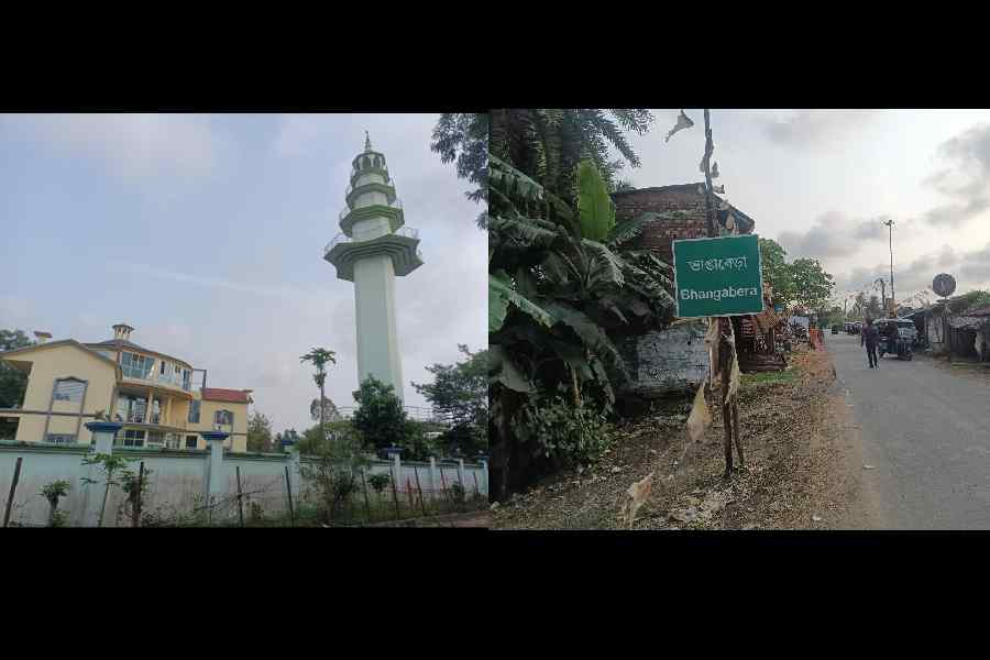 GROUND HERO: Shahid Minar at Bhangabera (left); the entrance to Bhangabera, ahead is the bridge beyond which lies Khejuri 