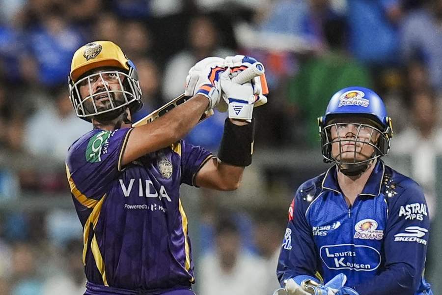Kolkata Knight Riders' captain Ajinkya Rahane plays a shot during an Indian Premier League (IPL) 2026 T20 cricket match between Mumbai Indians and Kolkata Knight Riders, at the Wankhede Stadium, in Mumbai, Maharashtra, Sunday, March 29, 2026.