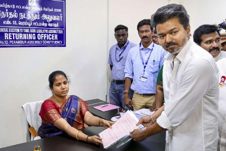 Tamilaga Vettri Kazhagam (TVK) chief and actor Vijay files nomination for the Tamil Nadu Assembly elections from Perambur constituency, in Chennai