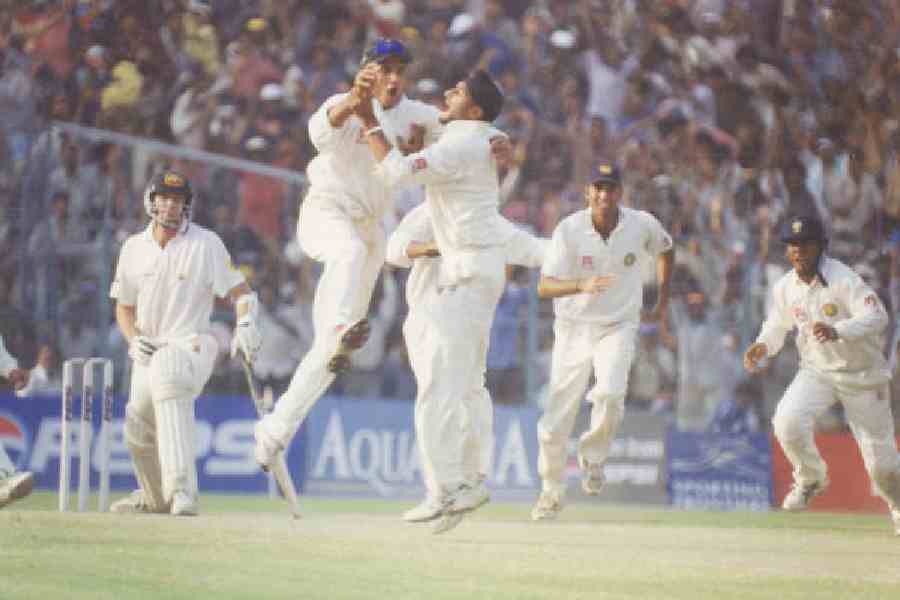 Telegraph file picture of Sourav Ganguly celebrating with Harbhajan Singh during the 2001 Eden Test