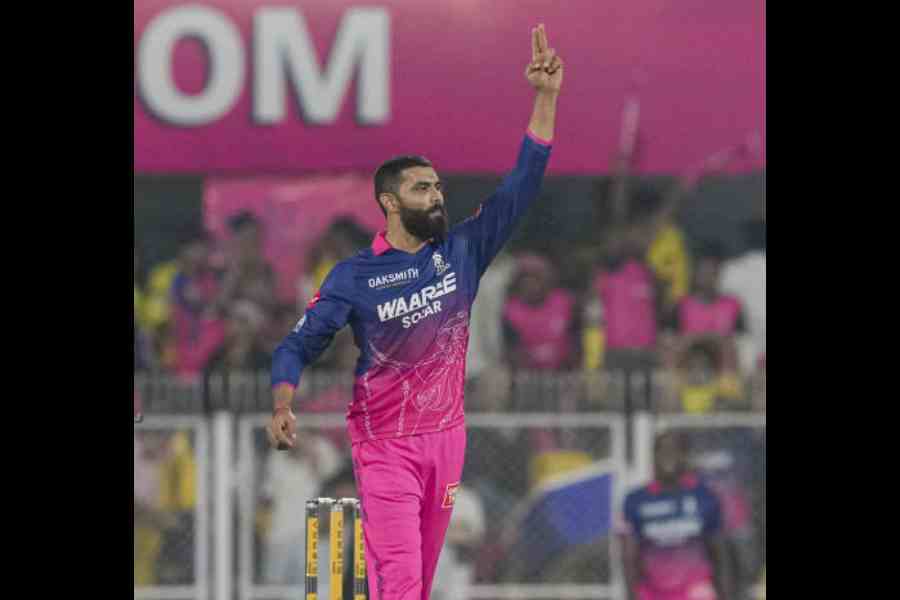 Rajasthan Royals’ Ravindra Jadeja celebrates after dismissing Shivam Dube on Monday. (PTI)