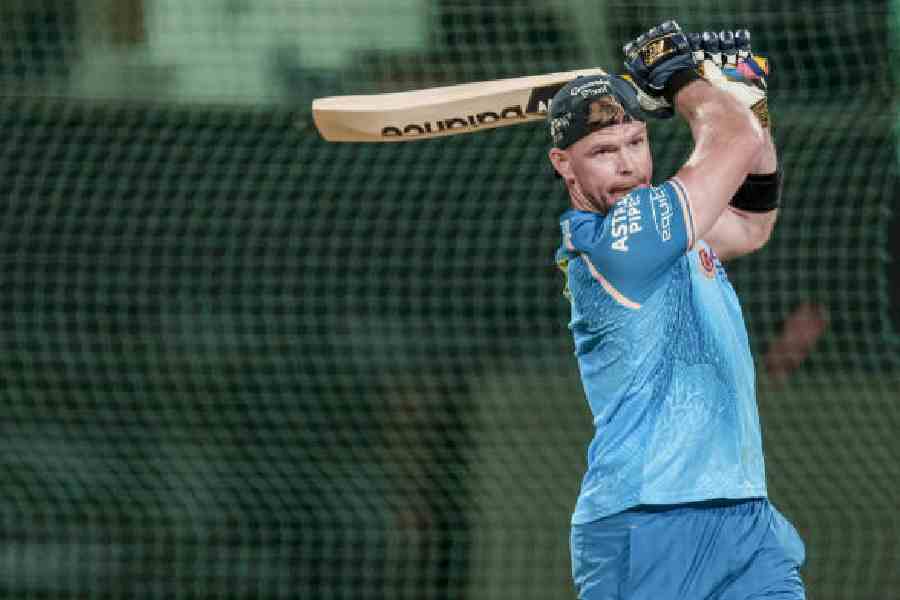 Glenn Phillips at Gujarat Titans’ practice in Mullanpur ahead oftheir first match of the season. (PTI) 