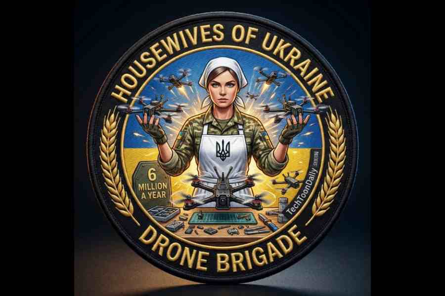 An AI image of a Ukranian woman holding drones