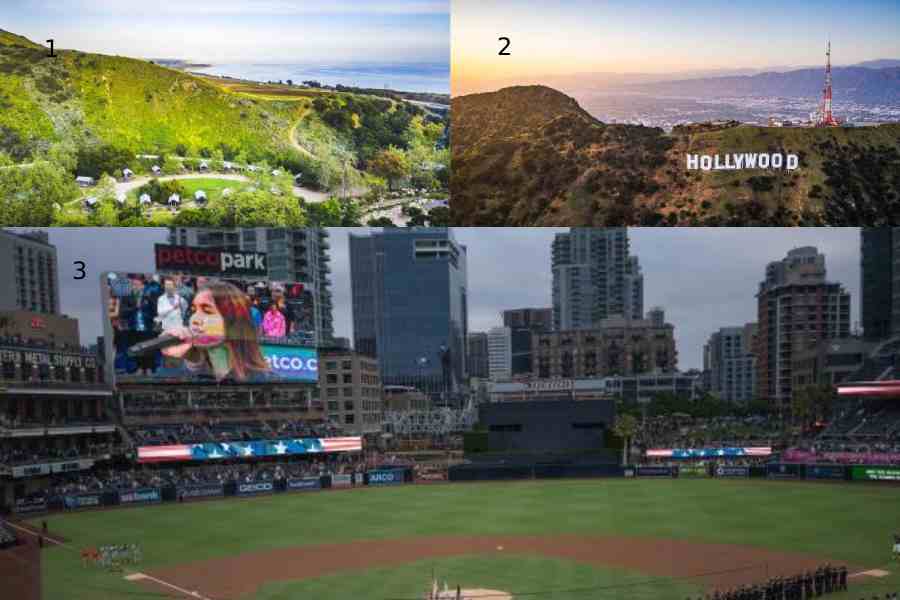 1. El Capitan Canyon, Santa Barbara, 2. Hollywood, Los Angeles, 3. Petco Park in San Diego