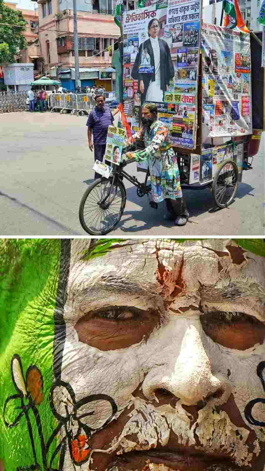 A Trinamool supporter was seen carrying hoardings of Mamata Banerjee while another supporter turned up with his face painted showing his support 