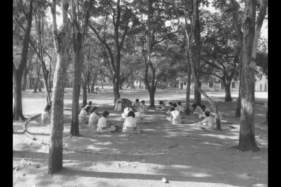 Students attend a class under trees on the Visva-Bharati campus in Santiniketan.