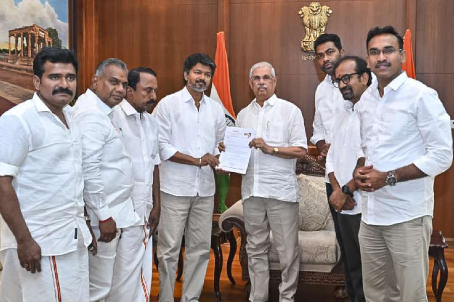 Tamil Nadu Governor Rajendra Arlekar with Tamilaga Vettri Kazhagam (TVK) chief Vijay during a meeting, at Lok Bhavan, in Chennai, Wednesday, May 6, 2026.