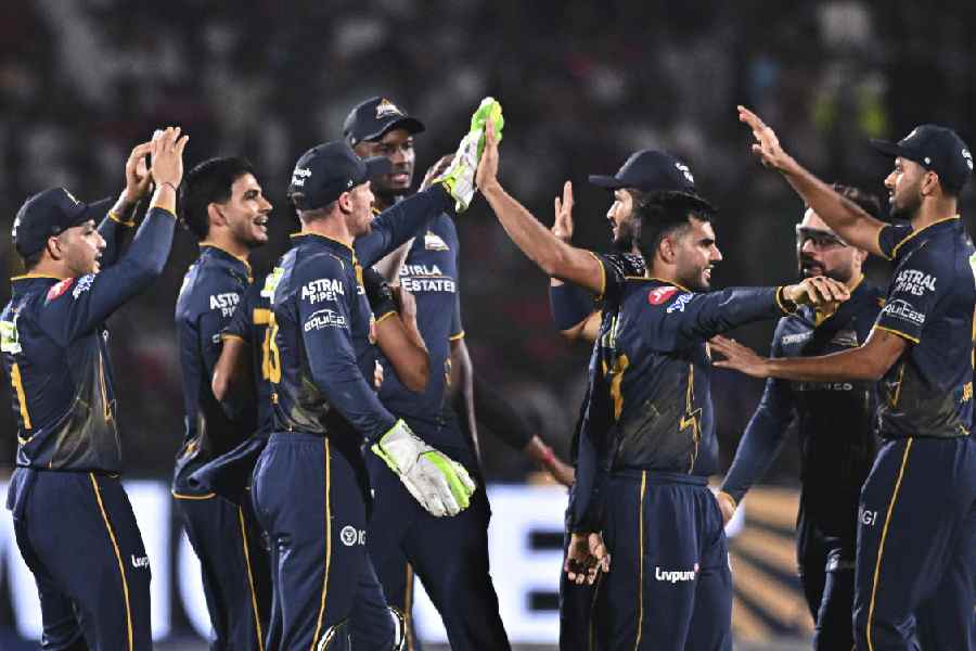 Gujarat Titans' players celebrate the wicket of Rajasthan Royals' Vaibhav Sooryavanshi during an Indian Premier League (IPL) 2026 T20 cricket match between Rajasthan Royals and Gujarat Titans, in Jaipur, Rajasthan, Saturday, May 9, 2026.