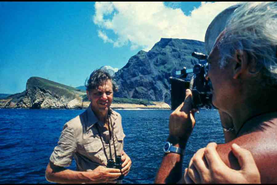 David Attenborough during filming for the 1979 Life on Earth series