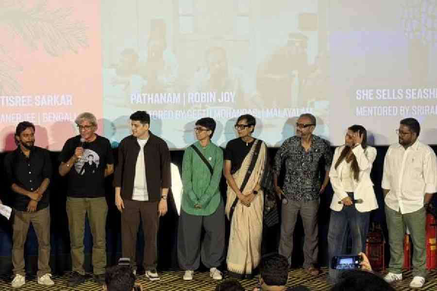 (Left to right) Ritesh Sharma, Sriram Raghavan, Chaitanya Tamhane, Shreela Agarwal, Dhritisree Sarkar, Dibakar Banerjee, Geetu Mohandas and Robin Joy at the screening of MAMI Select: Filmed on iPhone programme in Mumbai. Picture: The Telegraph / Mathures Paul