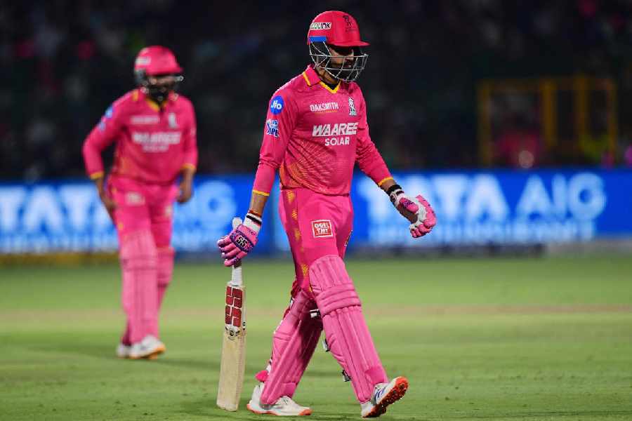 Rajasthan Royals' Shubham Dubey walks after losing his wicket