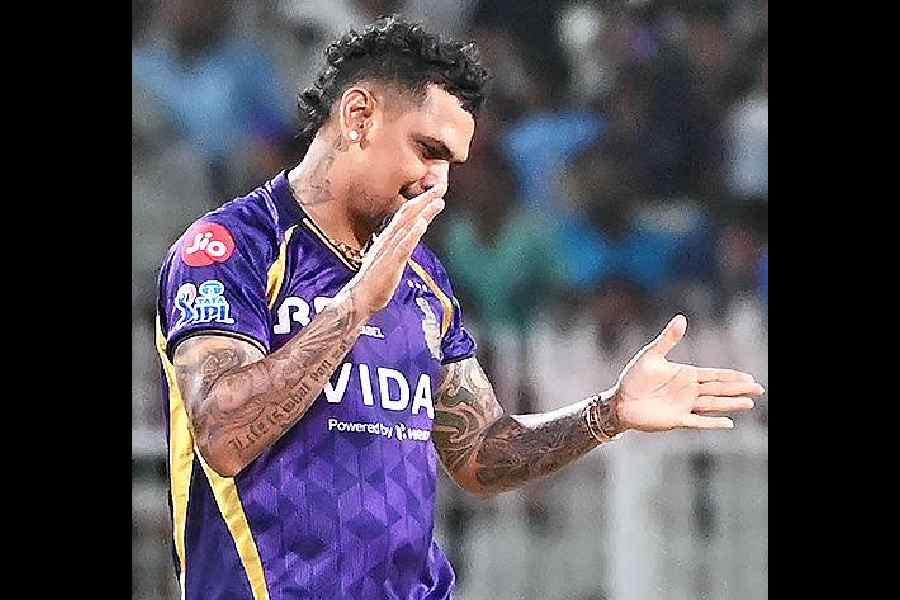 Man of the Match Sunil Narine after dismissing Shubman Gill.