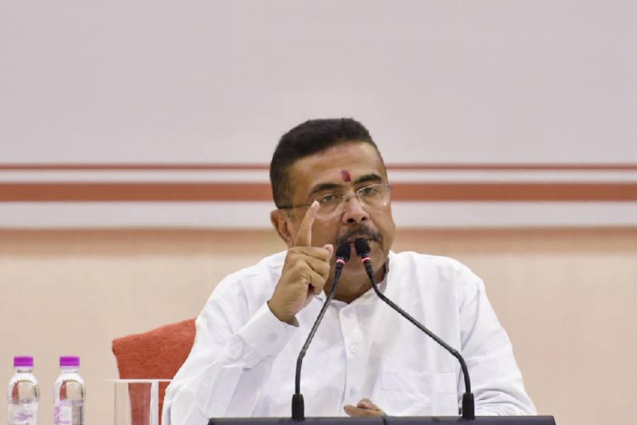 Bengal chief minister Suvendu Adhikari addresses a press conference at Nabanna, in Howrah district, West Bengal, Friday, May 15, 2026.