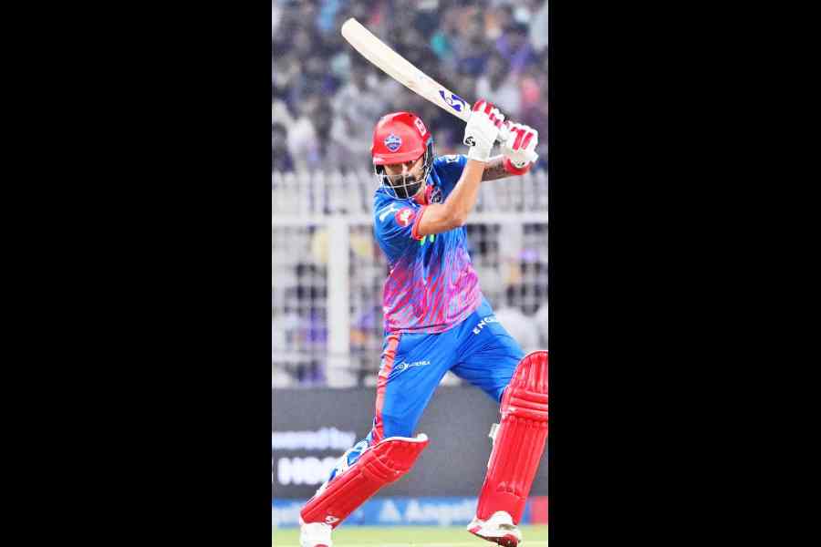 Delhi Capitals’ KL Rahul plays one on the off side during his innings of 60 off 30 balls against the Kolkata Knight Riders at Eden Gardens on Sunday.