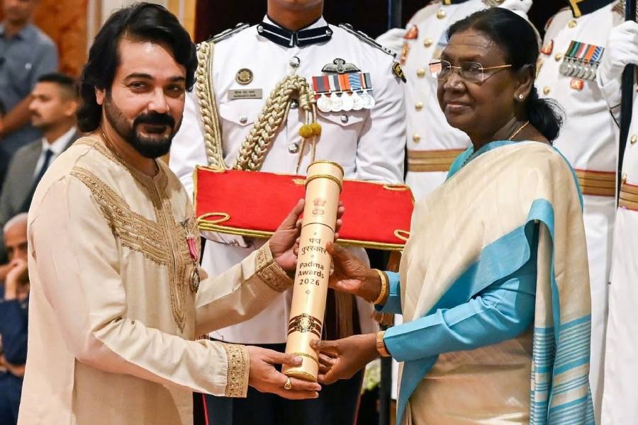 Indian actor Prosenjit Chatterjee received the Padma Shri on Monday in a bespoke ensemble designed by Kolkata-based couturier Abhisek Roy