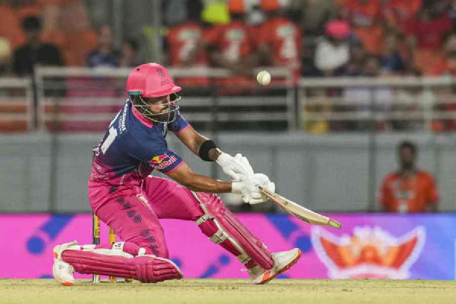 Dhruv Jurel during his 21-ball 50 against Sunrisers Hyderabad in Mullanpur on Wednesday.