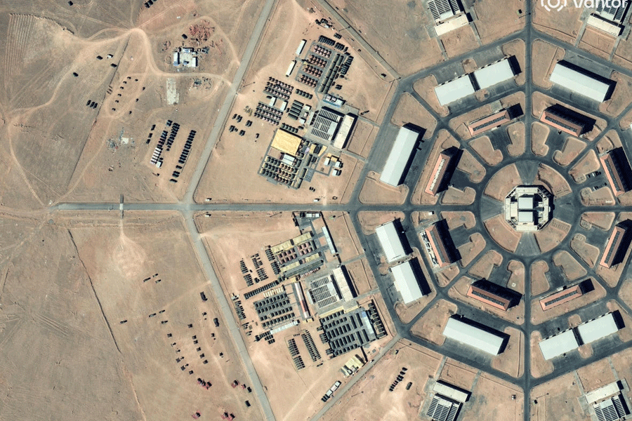 A satellite image shows military activity underway at the Xinjiang octagon-shaped installation, in the Xinjiang Uyghur Autonomous Region