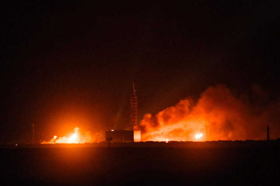 Fire and smoke rise from the launch pad of Blue Origin's New Glenn rocket as it explodes during a test, in Cape Canaveral, Florida, U.S., May 28, 2026,