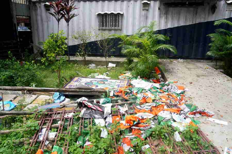 Wreckage is seen near an All India Trinamool Congress (TMC) office, in Kolkata, Bengal, Sunday, May 10, 2026.