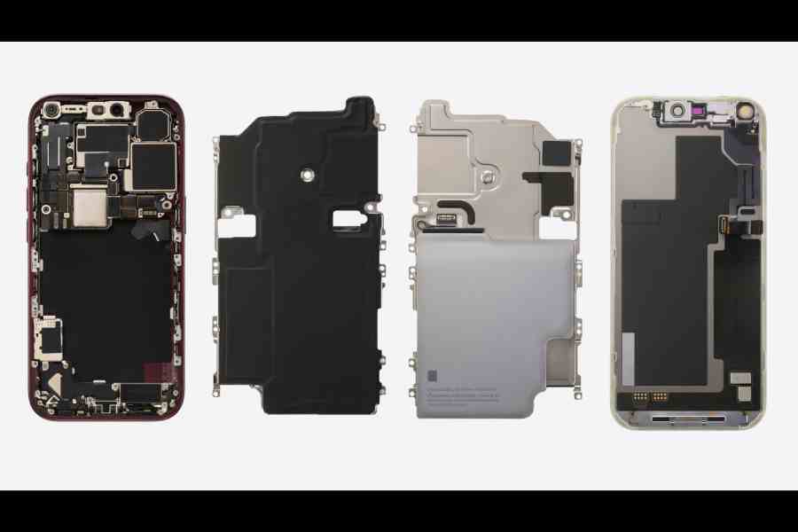 (Left to right) Internal view of the front of iPhone 18 Pro, internal view of the front of iPhone 18 Pro Vapour Chamber, internal view of the back of iPhone 18 Pro Vapour Chamber with battery, and internal view of the back of iPhone 18 Pro display. Picture: Apple