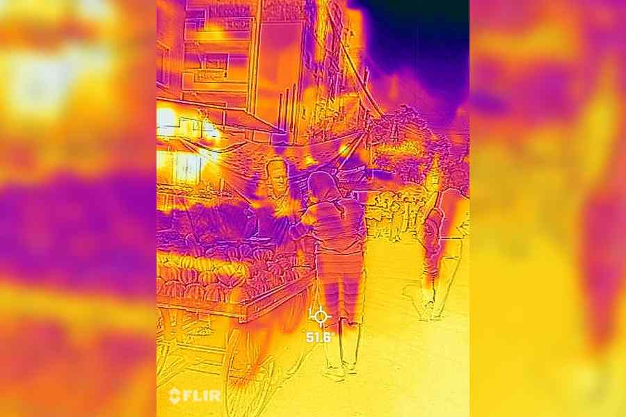 Thermal image of a vegetable vendor in Delhi taken this summer. The yellow and orange areas indicate thermal stress points, while the purple indicates relatively cooler areas